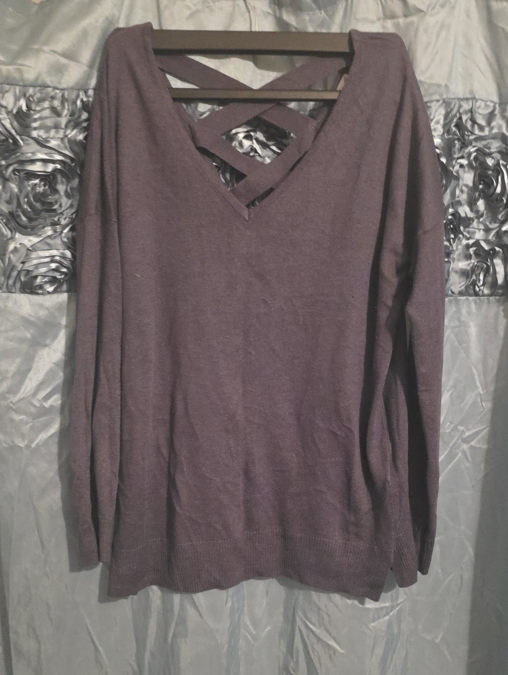 Kismet Grey Women's V-Neck Sweater with Crisscross Back